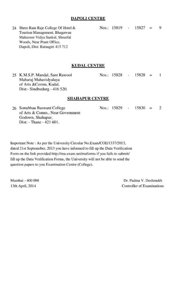 TYBMS Sem 6 Revised April 2014 Examination Centre Seating Arrangements ...